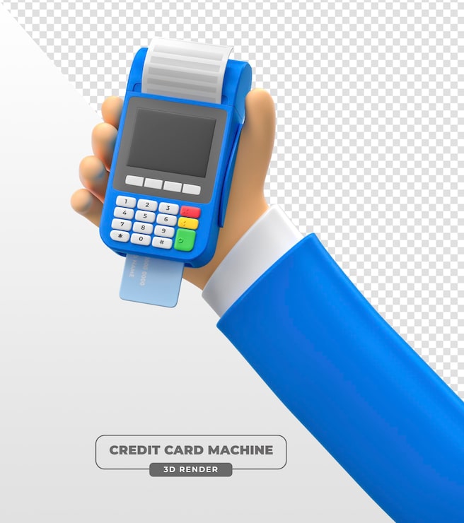 PSD grátis terminal de pagamento azul com cartão de crédito em mão em renderização 3d com fundo transparente