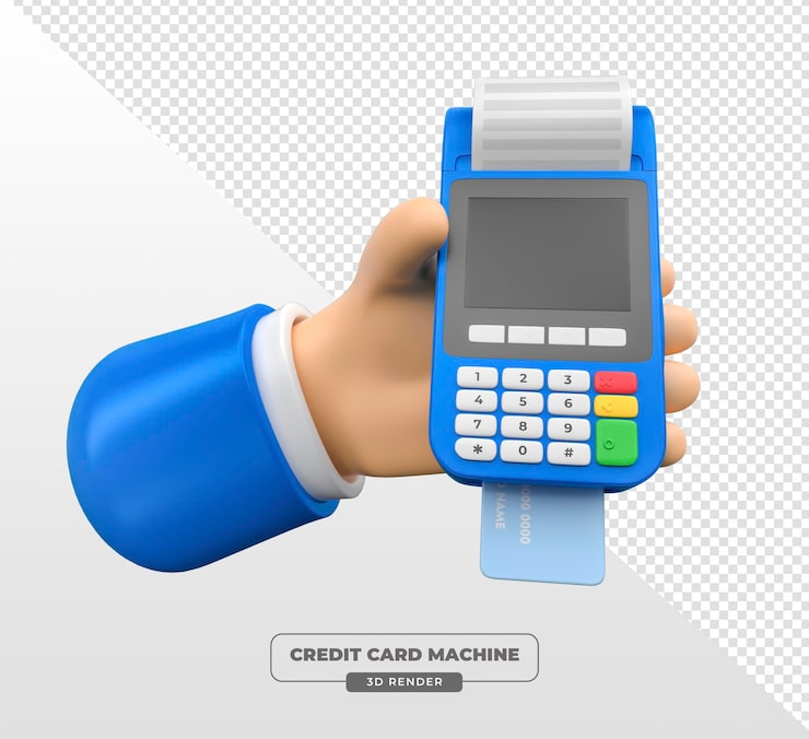 PSD grátis terminal de pagamento azul com cartão de crédito em mão em renderização 3d com fundo transparente