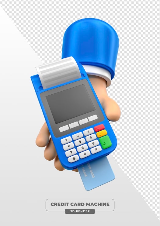 PSD grátis terminal de pagamento azul com cartão de crédito em mão em renderização 3d com fundo transparente