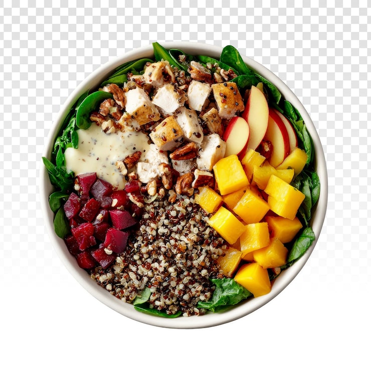 PSD grátis tigela de salada de quinoa saudável com frango e frutas