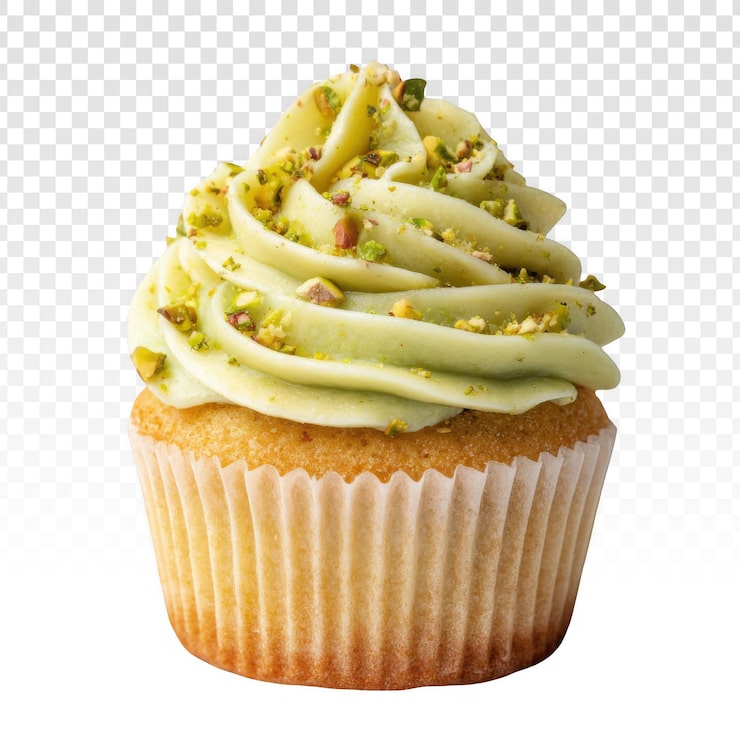 PSD grátis um cupcake de pistache isolado com uma bela cobertura verde-clara em espiral no topo e guarnecido com nozes picadas