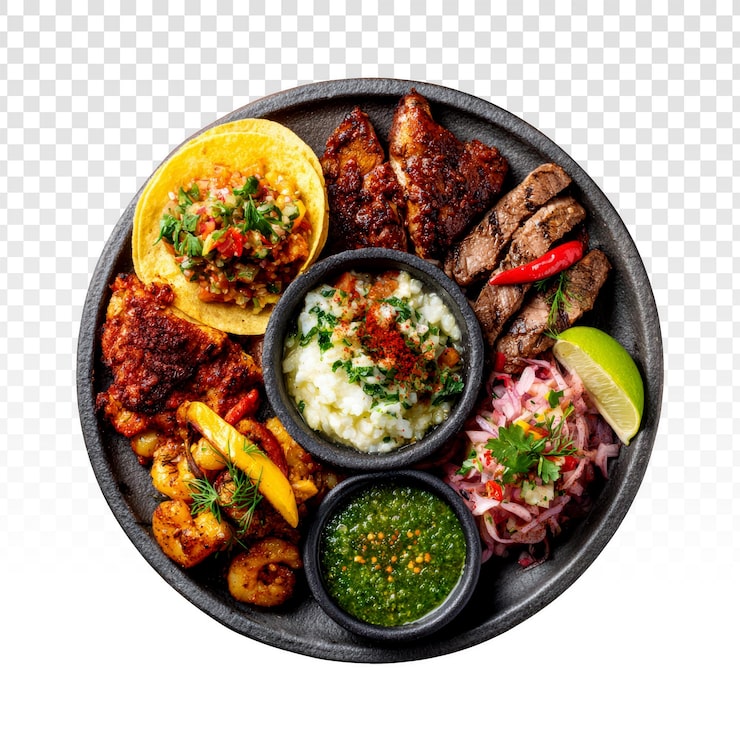 PSD grátis variedade de carnes grelhadas, tacos de frutos do mar e molhos em uma travessa
