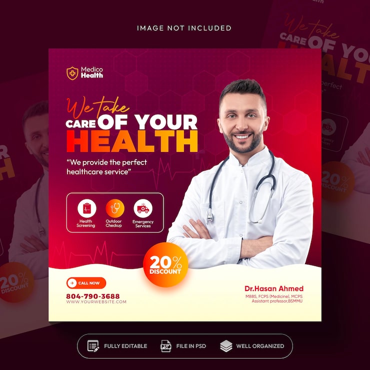 Miễn phí PSD banner phòng ngừa sức khỏe hoặc tờ rơi hình vuông với chủ đề bác sĩ cho mẫu bài đăng trên mạng xã hội