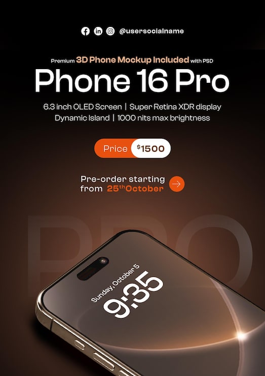 Miễn phí PSD mẫu thiết kế tờ rơi truyền thông xã hội cho điện thoại thông minh mới 16 pro