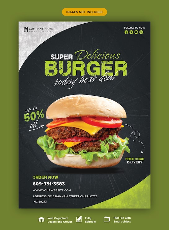 Miễn phí PSD mẫu tờ rơi thực đơn đồ ăn và bánh burger ngon miệng