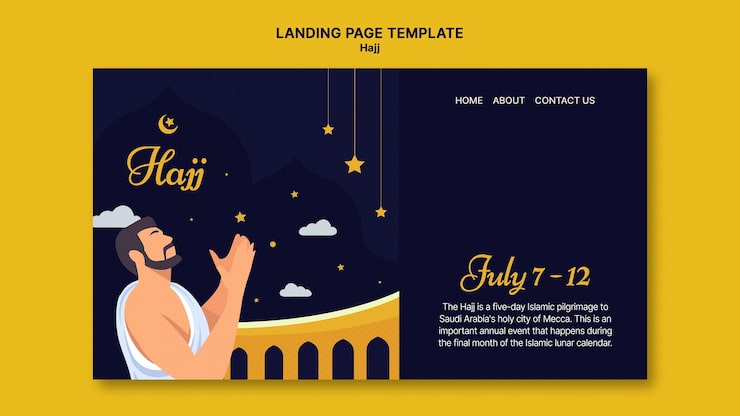 Miễn phí PSD mẫu trang đích hajj với mecca và những người đang cầu nguyện