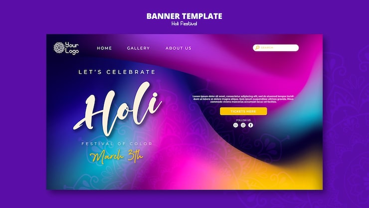 Miễn phí PSD mẫu trang đích lễ hội holi đầy màu sắc chuyển màu