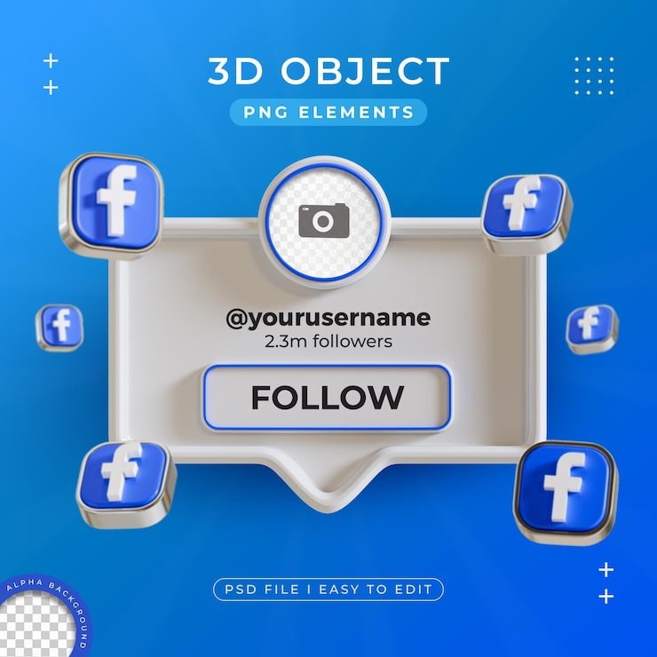 Miễn phí PSD theo dõi chúng tôi trên hồ sơ facebook kết xuất 3d trên mạng xã hội được cô lập cho bố cục