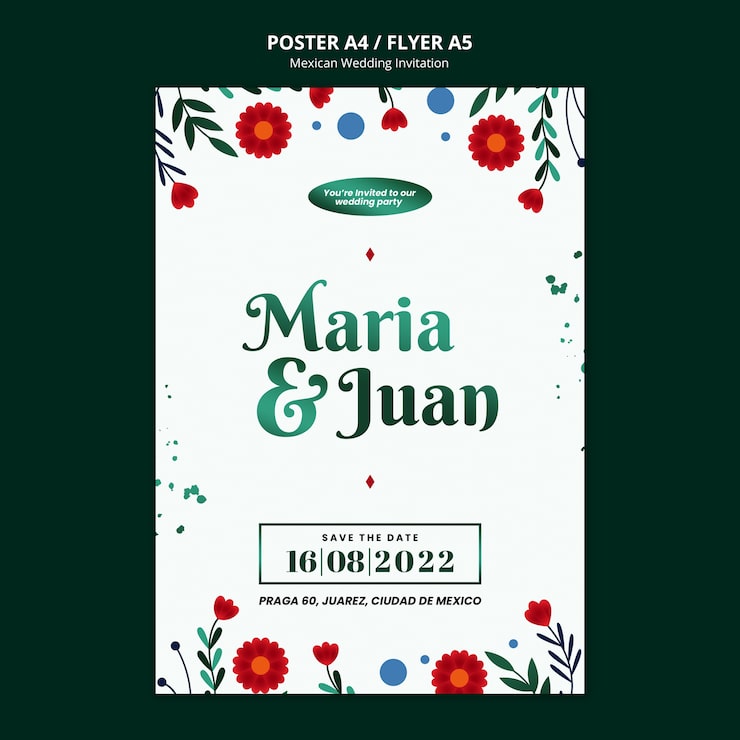 Miễn phí PSD thiệp mời đám cưới mexico với hoa