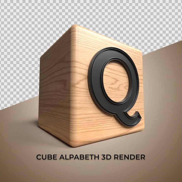 PSD 3d alfabeto q cubo madeira de madeira para negócios