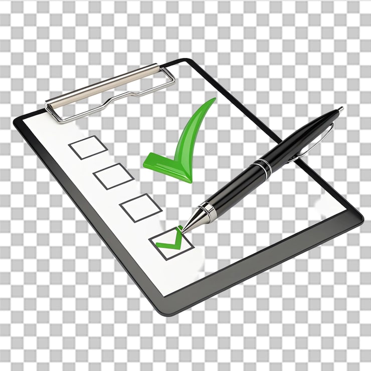 PSD 3d-clipboard mit stift und grünem kontrollzeichen, isoliert auf durchsichtigem hintergrund