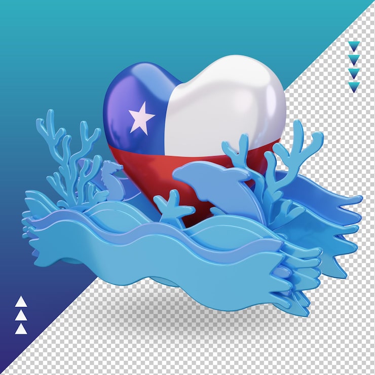 PSD 3d día del océano chile amor bandera renderizado vista derecha