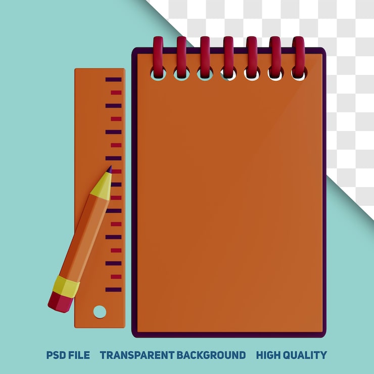 PSD 3d render cuaderno y regla con lápiz premium psd
