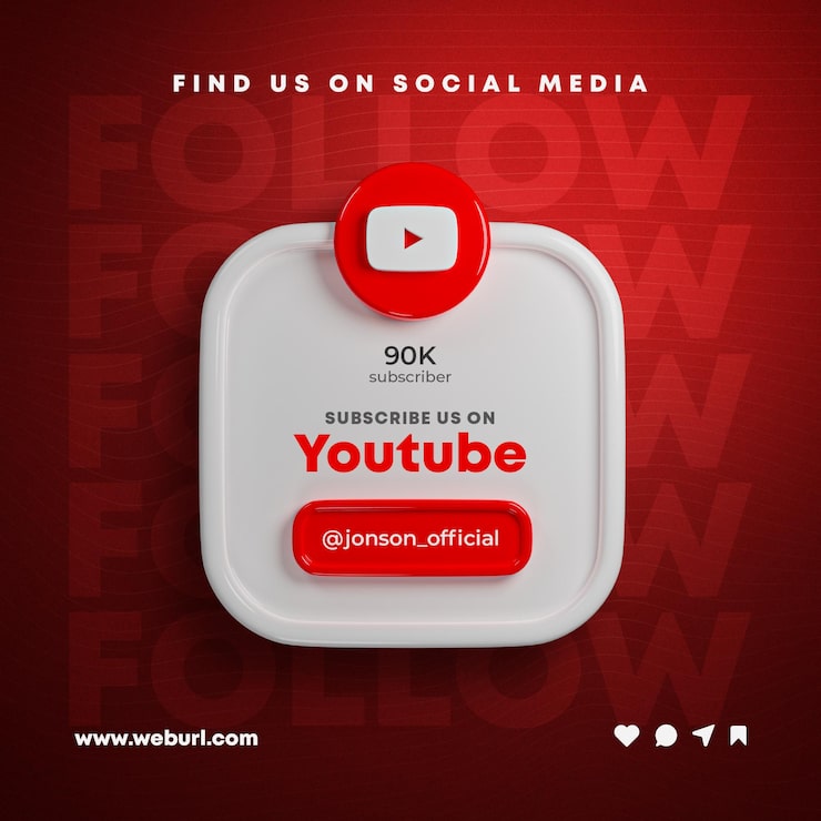 PSD abonnez-vous à nous sur les réseaux sociaux youtube pour publier une bannière de rendu 3d