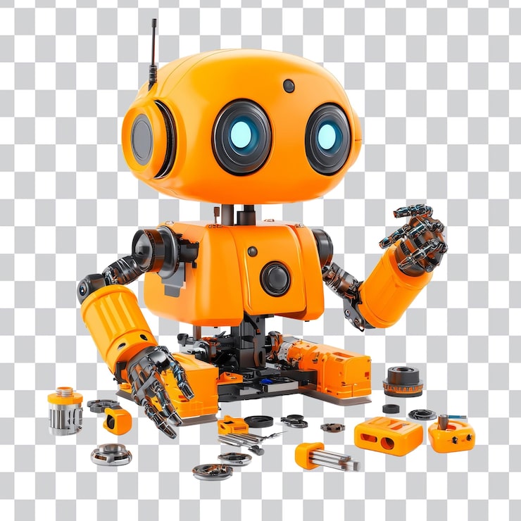 PSD amigable robot naranja rodeado de herramientas y piezas de repuesto