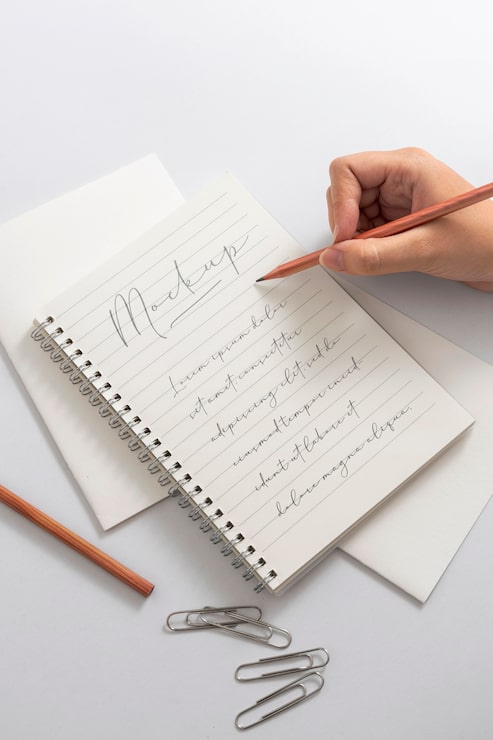 PSD ansicht einer person, die mit bleistift auf papier schreibt