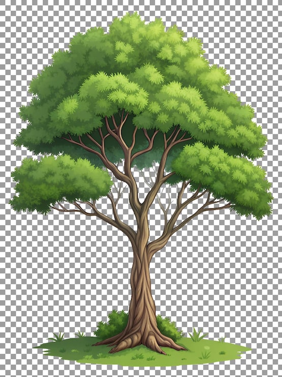 PSD arbre de dessin animé avec un feuillage vert luxuriant et un tronc texturé isolé sur fond transparent