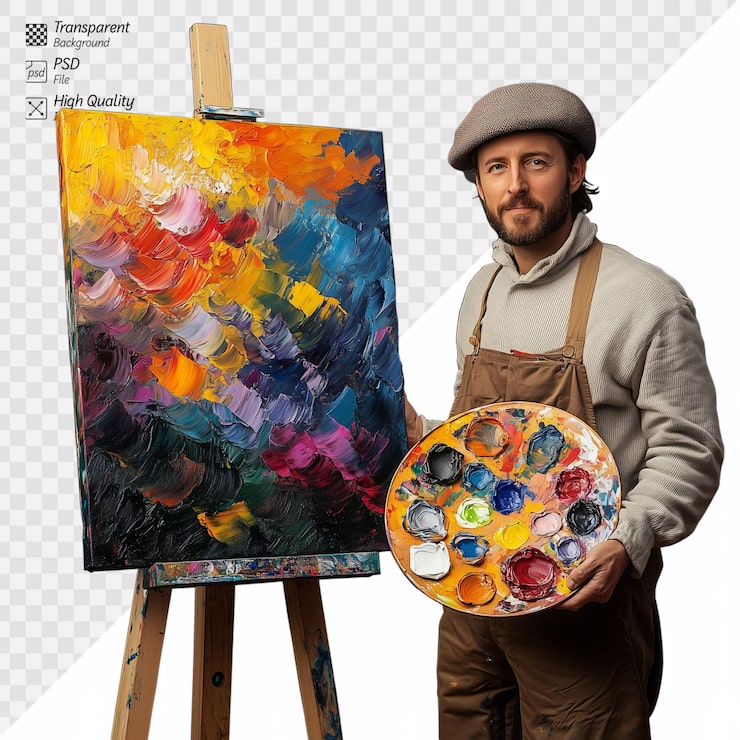 PSD artista masculino de pie junto al caballete con una vibrante pintura abstracta y una paleta sobre un fondo transparente