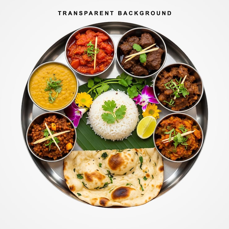 PSD autêntico prato thali indiano com caril variados e arroz