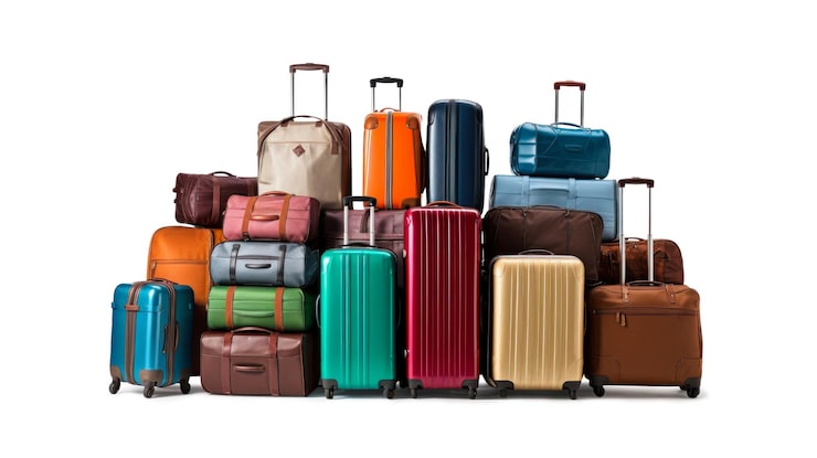 PSD bagages sur un fond blanc isolé beaucoup de valises sacs et sacs à dos bagages de voyage vacances et concept de voyage