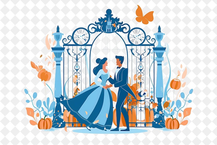 PSD baile de la cenicienta con cenicienta y el príncipe encantador danzando gente estilo de vida ilustración plana