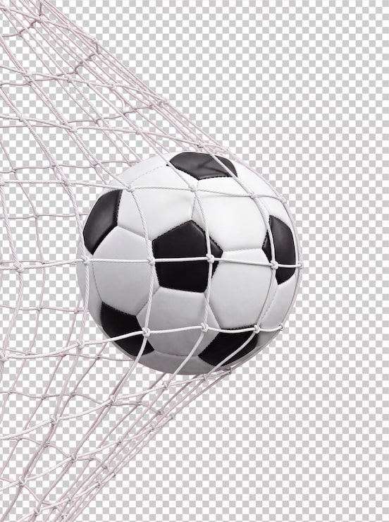 PSD balón de fútbol en la red de la portería aislado sobre fondo transparente