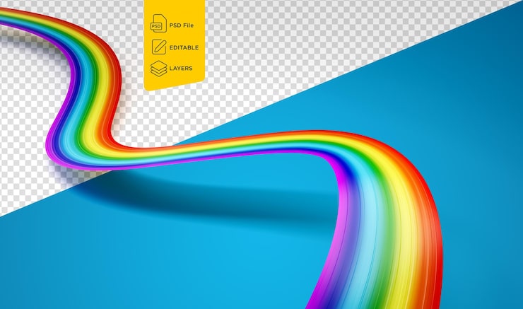 PSD bandeira do arco-íris ondulante linta de arco-íris brilhante isolada em fundo azul ilustração 3d