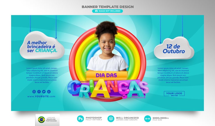 PSD banner do dia da criança 3d render no brasil template design em português
