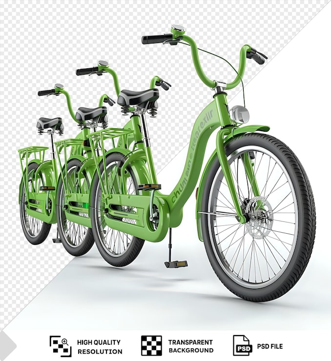 PSD una bicicleta verde con un asiento y un pedal negros y una bicicleta verde con una rueda negra se muestran en esta imagen