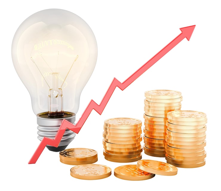 PSD bombilla con monedas y flecha ascendente para el aumento del precio de la electricidad, renderizado 3d