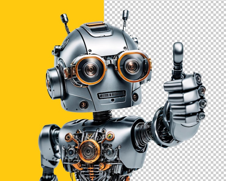 PSD un bonito robot de metal con gafas da un pulgar hacia arriba en un fondo transparente