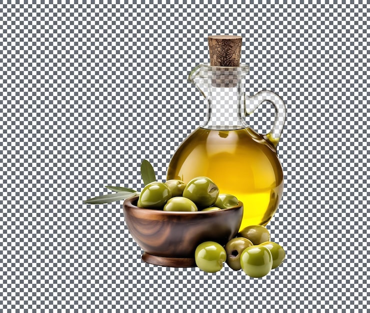 PSD botella de aceite de oliva con aceitunas frescas aisladas sobre fondo transparente