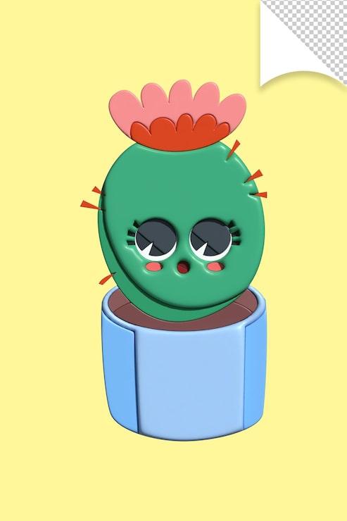 PSD un cactus verde con una flor rosa está sobre un fondo amarillo.