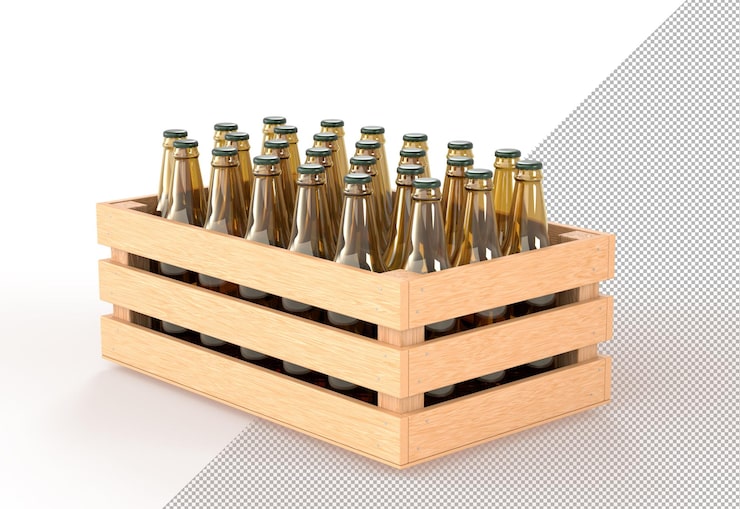 PSD caixa de madeira com garrafas de vidro vista do ângulo da cerveja caixa de madeira cheia de bebidas alcoólicas recipiente de prancha de madeira para armazenamento, transporte e entrega de bebidas isoladas em ilustração 3d de fundo branco