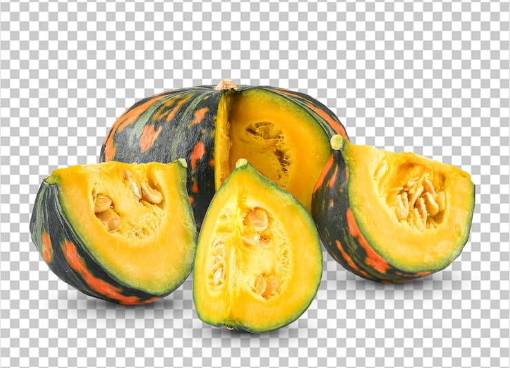 PSD calabaza japonesa con semillas sobre fondo blanco.