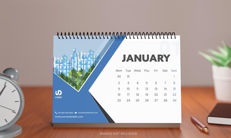 PSD calendrier de bureau annuel 3d avec stylo réveil sur fond