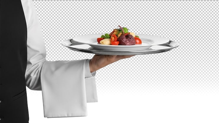 PSD cameriere che serve insalata su vassoio in un ristorante