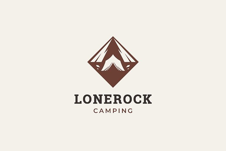 PSD campingzelt mit bergwander-tourismus geometrische retro-logo-design-vorlage