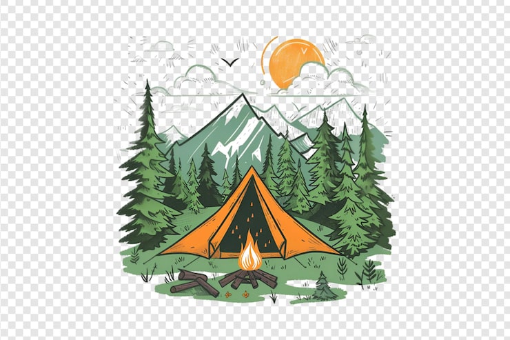 PSD campingzelt und lagerfeuer im wald mit isolierten bergen auf einem transparenten hintergrund