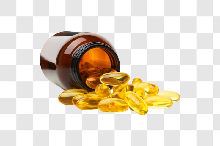 PSD cápsulas vertiéndose de una botella marrón, mostrando nutrición esencial para el bienestar diario png