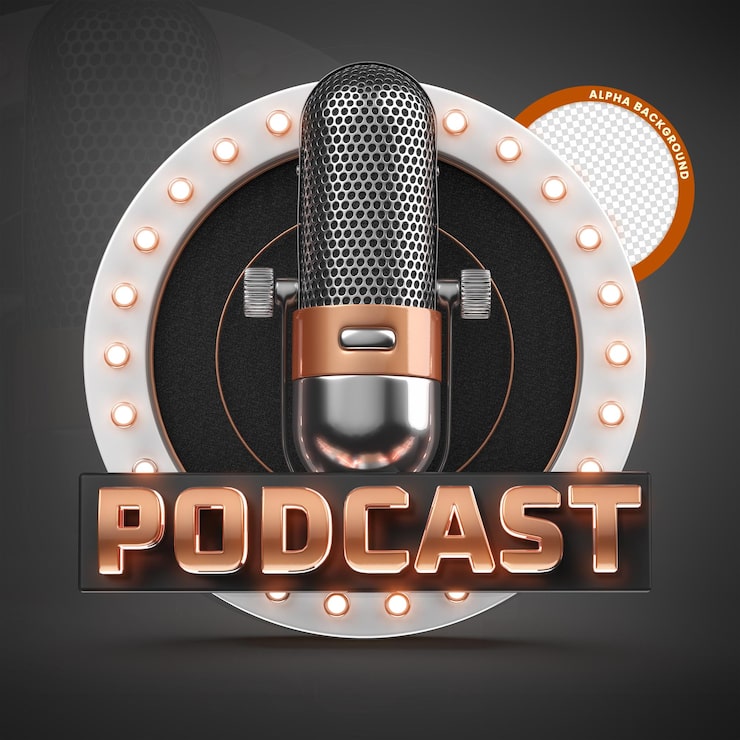PSD carimbo de podcast 3d neon forma redondo microfone entrevista