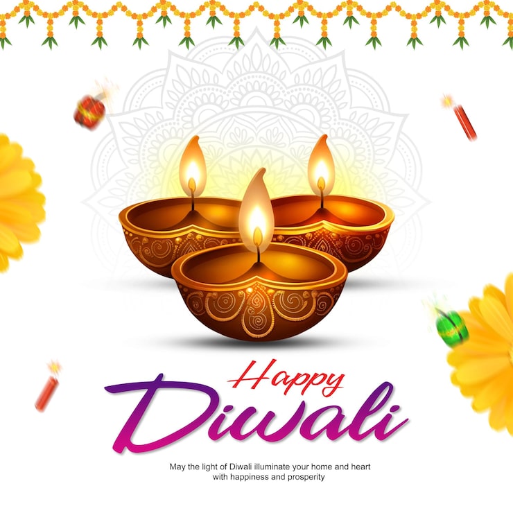 PSD un cartel para un festival llamado feliz festival de diwali con un cuenco de flores en el fondo