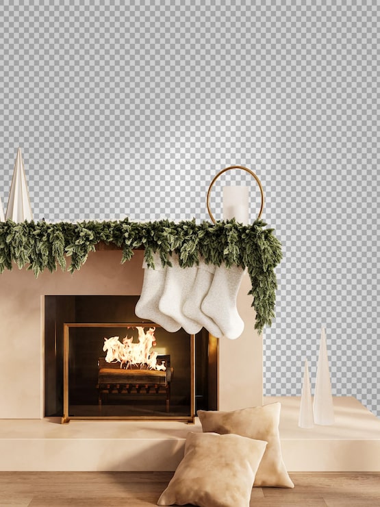 PSD cheminée de noël confortable avec des bas et une guirlande festive