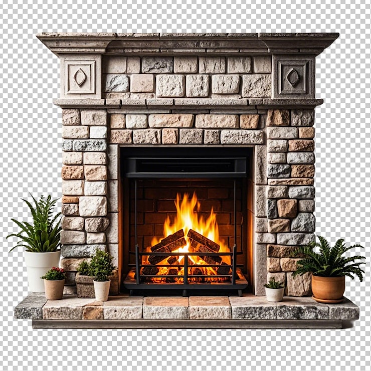 PSD une cheminée de pierre confortable avec un feu chaud sur un fond transparent