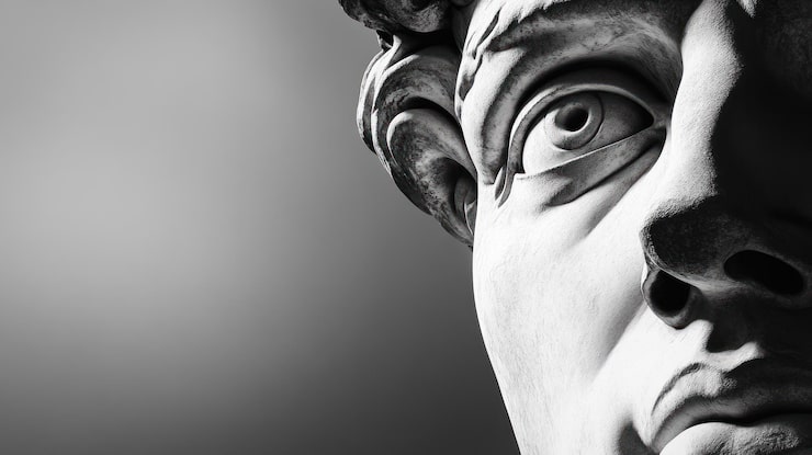 PSD close-up del rostro de david destacando los detalles intrincados de la obra maestra de miguel ángel el blanco y negro enfatiza la forma y la textura de las esculturas