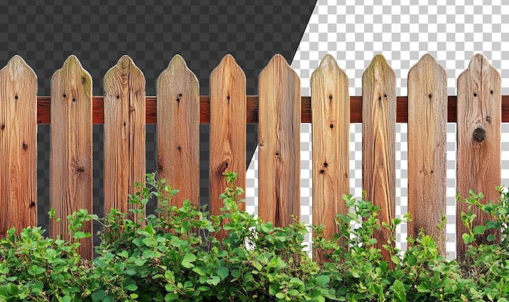 PSD une clôture en bois avec des arbustes dans un jardin découpé png