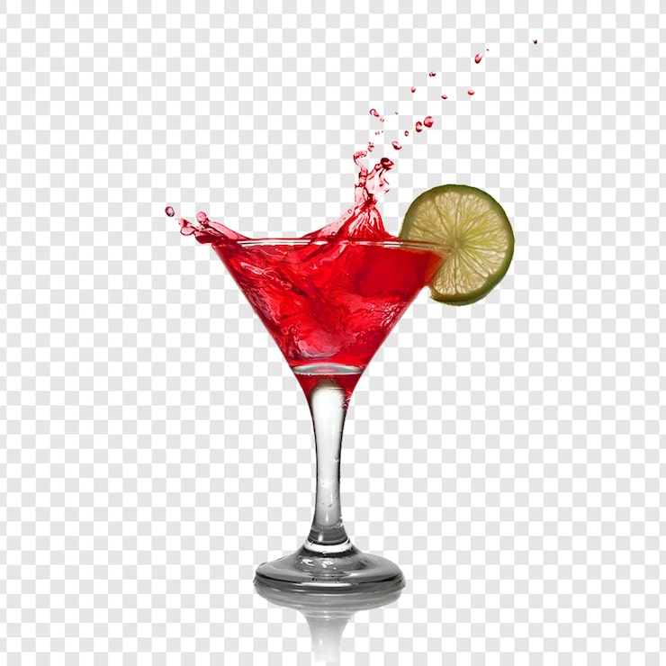 PSD cocktail rojo vibrante con guarnición de lima y salpicaduras
