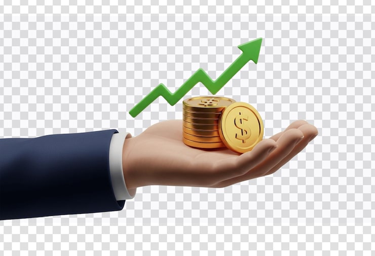 PSD concepto de crecimiento de la inversión mano que sostiene monedas de oro con flecha hacia arriba