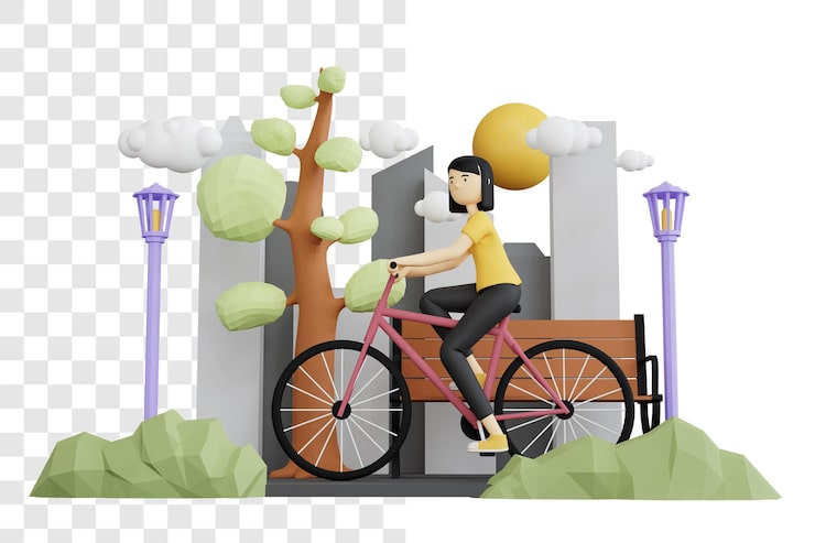 PSD concepto de representación 3d de una mujer en bicicleta en un parque de la ciudad