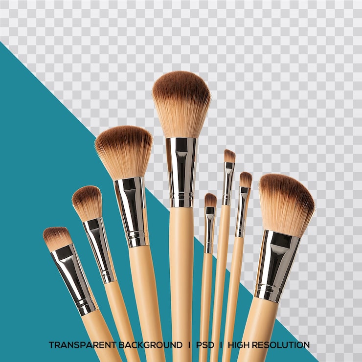 PSD conjunto de brochas de maquillaje sobre fondo transparente